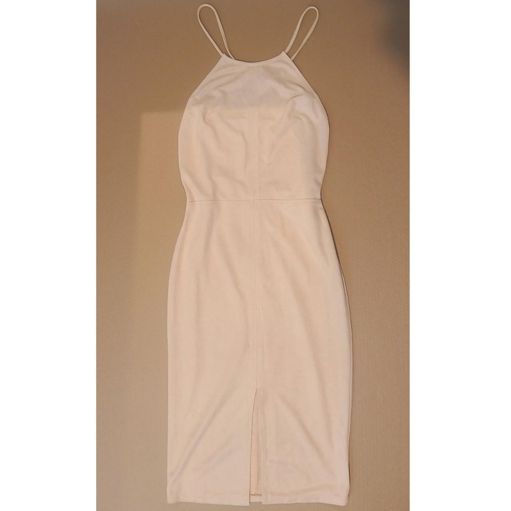 Beige Tan Midi Bodycon Dress with Criss-Cross Back